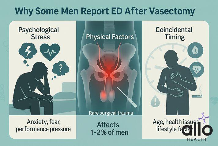 Infographic explaining reasons some men report erectile dysfunction after vasectomy, including psychological stress, rare physical factors, and coincidental health issues