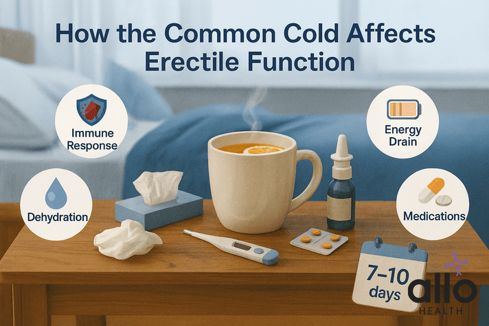 Realistic bedside table with steaming tea, tissues, nasal spray, thermometer, and medicine, highlighting immune response, dehydration, energy drain, and medications — can being sick cause erectile dysfunction.