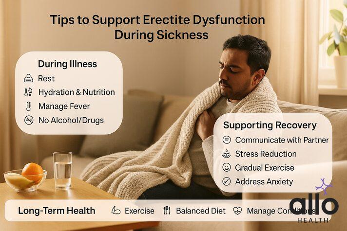 Man resting on sofa with blanket, fruit bowl and water on table, infographic panels with tips for rest, hydration, stress reduction, exercise, and long-term health — can being sick cause erectile dysfunction.