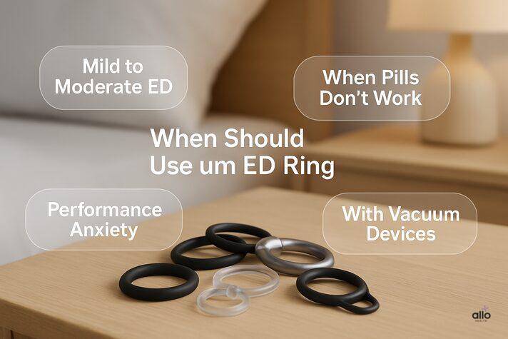 image of constriction rings for erectile dysfunction placed on a bedside table with floating info bubbles highlighting use in mild to moderate ED, performance anxiety, when medications don’t work, and with vacuum devices