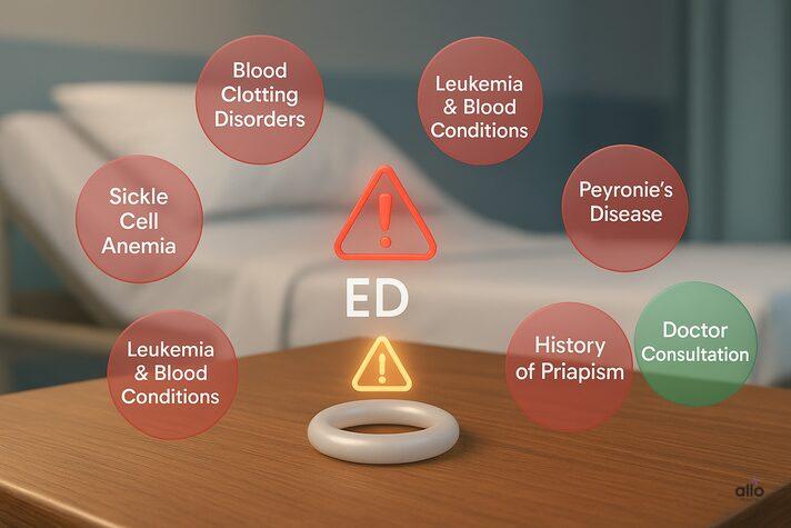 Infographic showing constriction rings for erectile dysfunction on a medical table, surrounded by red warning bubbles listing conditions like blood clotting disorders, sickle cell anemia, Peyronie’s disease, and use of blood thinners, with a green bubble advising doctor consultation.
