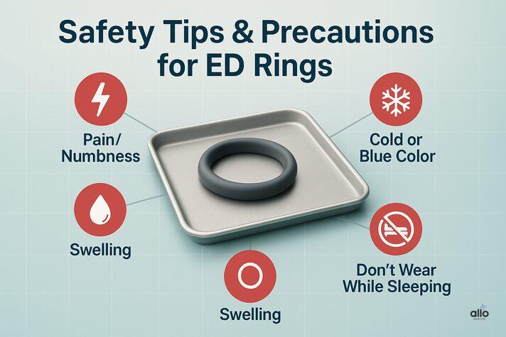 Safety poster illustrating precautions for using constriction rings for erectile dysfunction, with icons for pain, numbness, color change, swelling, and a reminder not to wear during sleep.