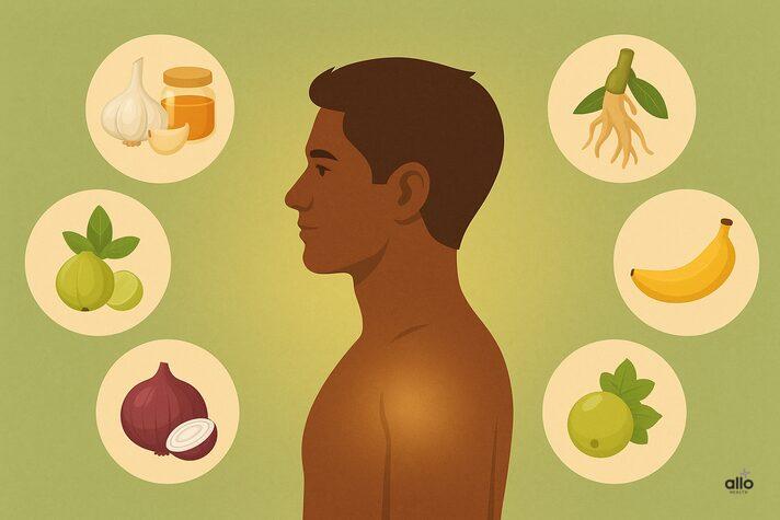 मर्दाना कमजोरी का घरेलू और आयुर्वेदिक इलाज – इमेज में भारतीय पुरुष की सिल्हूट के चारों ओर लहसुन, शहद, अश्वगंधा, सफेद मूसली, आंवला, प्याज और केला जैसे प्राकृतिक उपाय दिखाए गए हैं