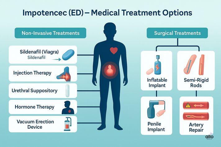 &#x22;ED medical treatment options – Non-invasive (Sildenafil, injection, suppository, hormone therapy, vacuum pump) aur surgical (penile implant, artery repair).&#x22;