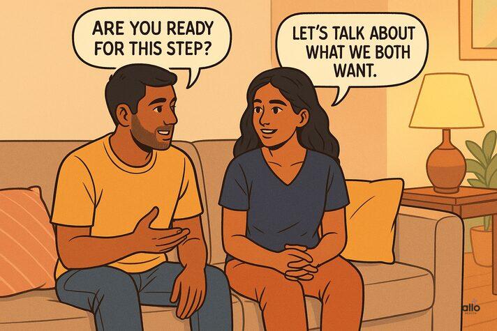 Couple apni tayyari aur consent par baatcheet karte hue.