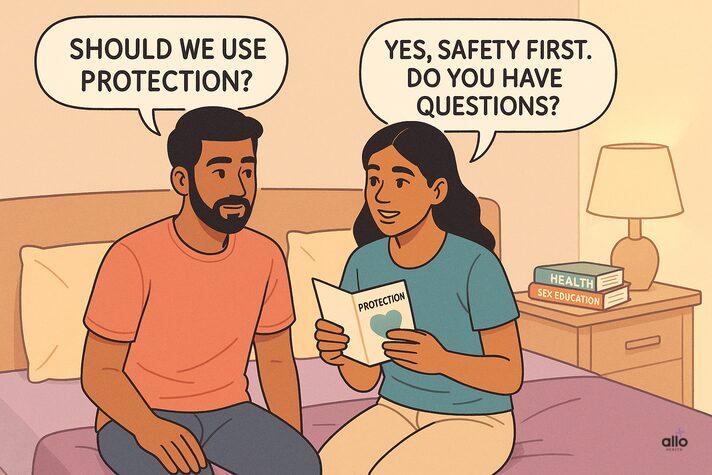 Couple protection aur safety par baat karte hue, booklet haath me.