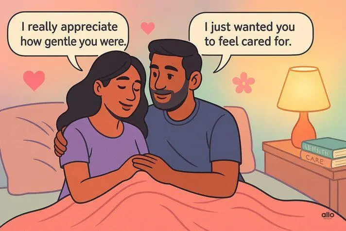 पहली बार योनि में लिंग कैसे डालें? स्टेप-बाय-स्टेप जानकारी 4 Couple intimacy ke baad pyaar aur care dikhate hue.