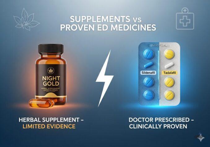 नाइट गोल्ड कैप्सूल: यौन स्वास्थ्य, स्टैमिना और सुरक्षित उपयोग की जानकारी 4 Night Gold Capsule herbal supplement vs doctor prescribed Sildenafil aur Tadalafil