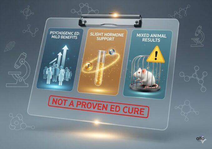 Ashwagandha research: psychogenic ED mein halka fayda, hormone support thoda, animal studies mixed, ED cure sabit nahi.