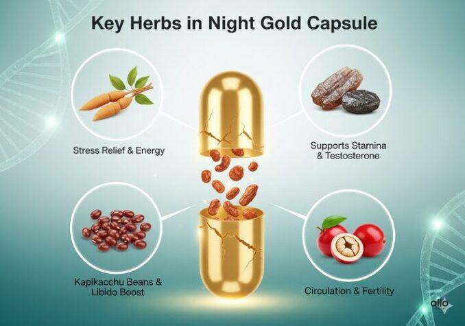 नाइट गोल्ड कैप्सूल: यौन स्वास्थ्य, स्टैमिना और सुरक्षित उपयोग की जानकारी 2 Night Gold Capsule ke herbs – Ashwagandha, Shilajit, Kapikacchu, Gokshura