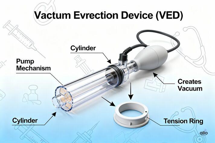 Sex Toys and Erectile Dysfunction: Can They Help Improve Performance? 3 Medical-style illustration of a vacuum erection device showing cylinder, pump mechanism, and tension ring, one of the most effective sex toys for erectile dysfunction.