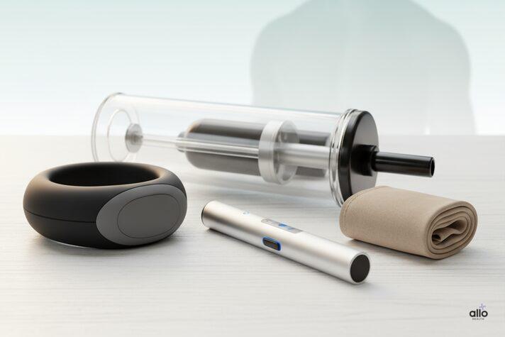 Sex Toys and Erectile Dysfunction: Can They Help Improve Performance? 1 : Different sex toys for erectile dysfunction including pump, ring, and stimulator arranged neatly on a clean surface, representing treatment support options.