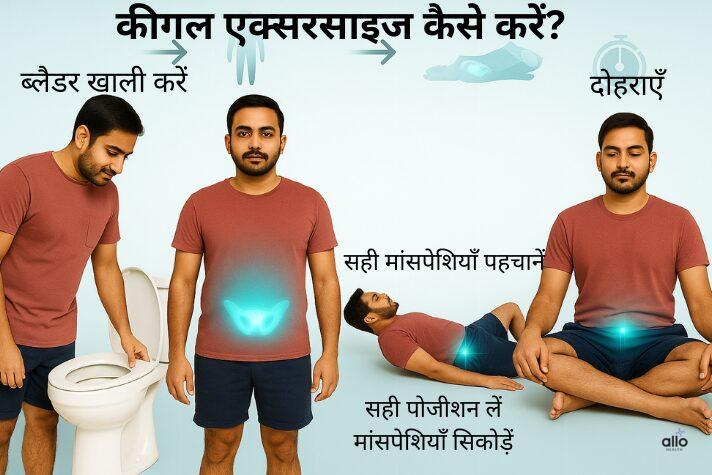 भारतीय पुरुष द्वारा स्टेप बाय स्टेप kegel exercise in hindi करते हुए—ब्लैडर खाली करना, सही मांसपेशियाँ पहचानना, योगा मैट पर लेटना और ध्यान मुद्रा में बैठकर अभ्यास करना।