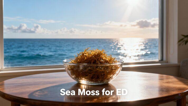Fresh sea moss in a wooden bowl with Atlantic coastline backdrop, introducing sea moss erectile dysfunction topic.