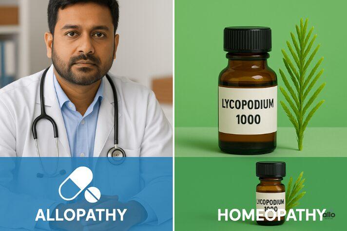 Alt text: Lycopodium 1000 uses in Hindi – बाईं ओर एलोपैथिक डॉक्टर और दवाइयाँ, दाईं ओर होम्योपैथिक Lycopodium 1000 की बोतल और हरे पौधे के साथ तुलना
