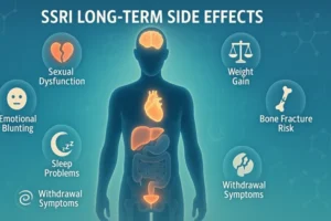 Infographic showing SSRI long-term side effects with human silhouette and glowing icons: sexual dysfunction, emotional blunting, weight gain, sleep problems, bone fracture risk, gastrointestinal issues, withdrawal symptoms, and cognitive issues.