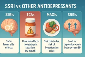 Infographic comparing SSRIs with other antidepressants: SSRIs safer with fewer side effects, TCAs cause more side effects like weight gain and dry mouth, MAOIs require strict diet and carry risk of hypertensive crisis, SNRIs treat depression and pain but may raise blood pressure.