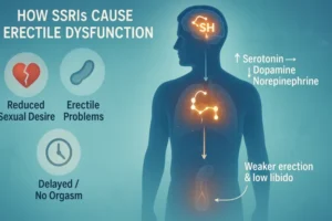 Infographic explaining how SSRIs cause erectile dysfunction: increased serotonin reduces dopamine and norepinephrine, leading to reduced sexual desire, erectile problems, delayed or no orgasm, and weaker erections with low libido.