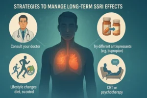 Infographic showing strategies to manage long-term SSRI side effects: consult your doctor, try different antidepressants like bupropion, make lifestyle changes with exercise and diet, and use CBT or psychotherapy.