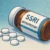 Illustration of an SSRI antidepressant pill bottle with several white tablets scattered on a flat surface, representing selective serotonin reuptake inhibitor medication.