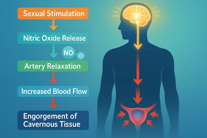 Educational infographic showing the process of penile erection. A male silhouette with a glowing brain and arrows pointing down the body illustrates the sequence: Sexual Stimulation → Nitric Oxide Release (NO) → Artery Relaxation → Increased Blood Flow → Engorgement of Cavernous Tissue. Bright colors and arrows highlight blood flow and physiological changes.