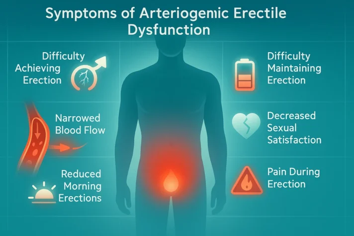 Medical infographic titled ‘Symptoms of Arteriogenic Erectile Dysfunction.’ A male silhouette with glowing pelvic area highlights symptoms shown with icons: difficulty achieving erection, narrowed blood flow, reduced morning erections, difficulty maintaining erection, decreased sexual satisfaction, and pain during erection.