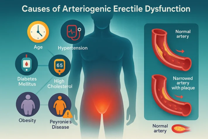 Medical infographic titled ‘Causes of Arteriogenic Erectile Dysfunction.’ A male silhouette with glowing pelvic area is shown alongside icons for risk factors: age (clock), hypertension (blood pressure cuff), diabetes mellitus (glucose meter), high cholesterol, obesity, and Peyronie’s disease. On the right, a comparison diagram illustrates a normal artery versus a narrowed artery with plaque buildup