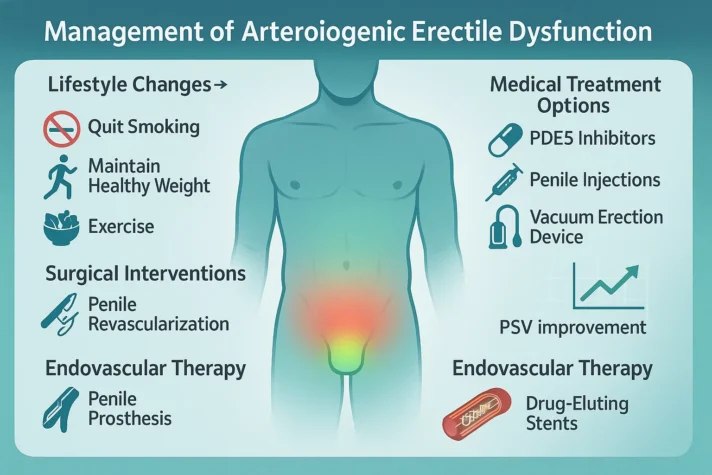 Medical infographic titled ‘Management of Arteriogenic Erectile Dysfunction.’ A male silhouette with glowing pelvic area is shown alongside treatment categories. Lifestyle changes: quit smoking, maintain healthy weight, exercise. Medical treatment options: PDE5 inhibitors, penile injections, vacuum erection device. Surgical interventions: penile revascularization. Endovascular therapy: penile prosthesis and drug-eluting stents. Graph icon indicates PSV (peak systolic velocity) improvement.
