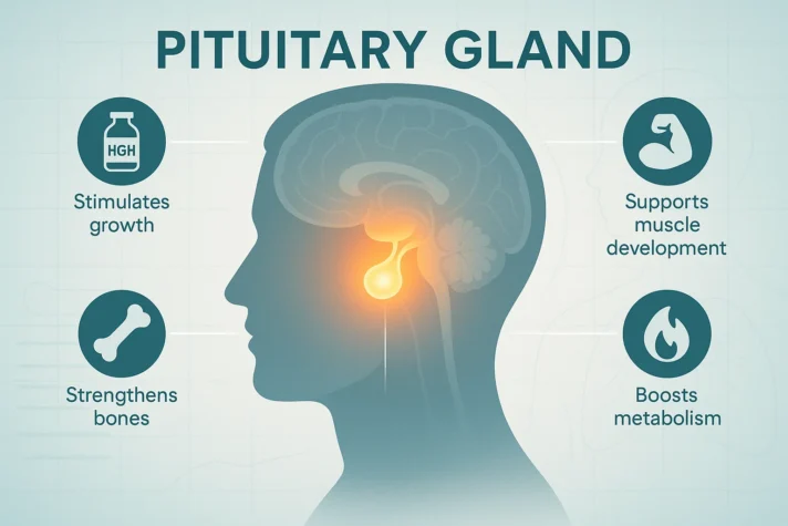 Illustration of the pituitary gland inside a human head, glowing in orange, with labeled icons showing its functions: stimulates growth, strengthens bones, supports muscle development, and boosts metabolism.