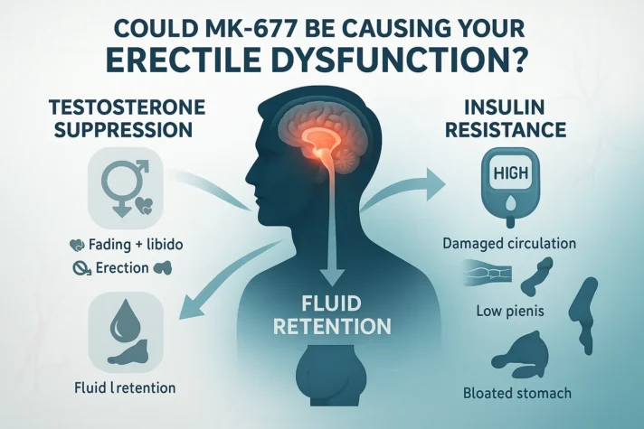 Infographic showing how MK-677 may cause erectile dysfunction: silhouette of a male body with highlighted brain and fluid retention, arrows pointing to testosterone suppression (low libido, erection issues), insulin resistance (damaged circulation, bloated stomach, low penis function), and fluid retention effects.