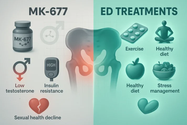 Infographic comparing MK-677 effects and ED treatments: left side shows MK-677 risks including low testosterone, insulin resistance, and sexual health decline; right side shows erectile dysfunction treatments such as exercise, healthy diet, and stress management.