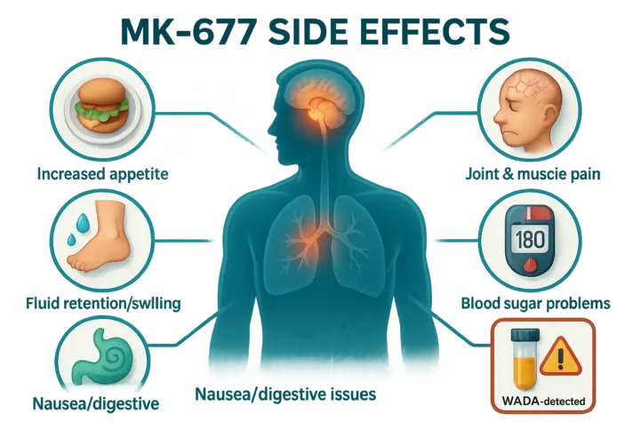 Infographic titled MK-677 Side Effects showing a human silhouette with highlighted brain and chest, surrounded by icons for increased appetite, fluid retention and swelling, nausea and digestive issues, joint and muscle pain, blood sugar problems, and WADA urine test detection.