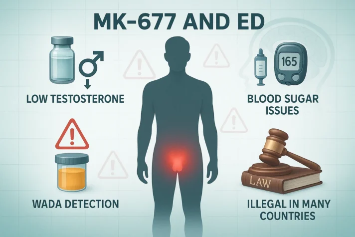 Infographic titled MK-677 and ED showing risks: silhouette of male body with red glow in pelvic area, icons for low testosterone, blood sugar issues, WADA urine test detection, and legal restrictions in many countries.
