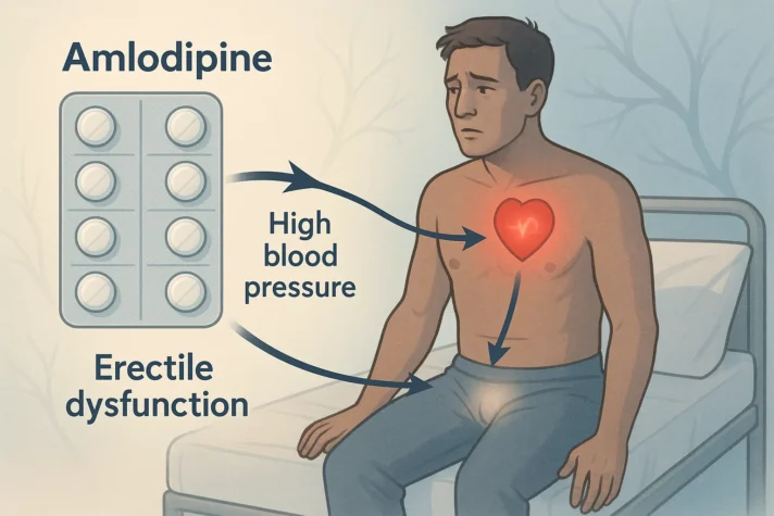 Infographic showing the link between amlodipine, high blood pressure, and erectile dysfunction. Illustration of a man sitting on a bed with a glowing heart and pelvic area, pill strip labeled amlodipine on the left, and arrows pointing to high blood pressure and erectile dysfunction.