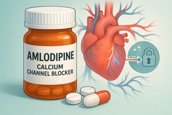 Illustration of amlodipine calcium channel blocker bottle with tablets and capsules beside it, next to a detailed human heart with arteries. An icon of a lock with an arrow symbolizes how amlodipine blocks calcium channels to lower blood pressure and protect heart health.”