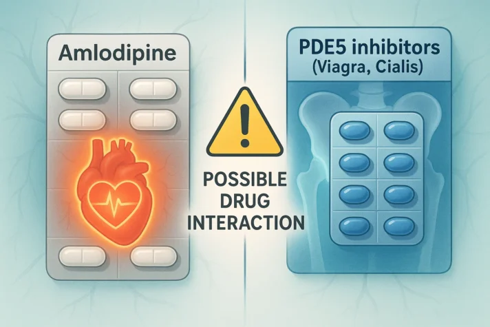 Infographic showing possible drug interaction between amlodipine and erectile dysfunction medications PDE5 inhibitors (Viagra, Cialis). Amlodipine pill strip with glowing heart symbol on the left, PDE5 inhibitor pill strip on the right, and a yellow warning sign in the center highlighting risk of interaction.