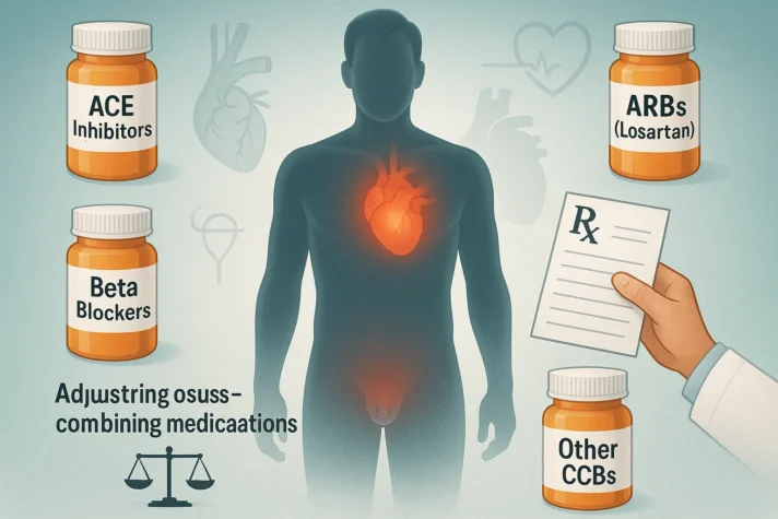 Infographic showing alternatives to amlodipine and erectile dysfunction management — ACE inhibitors, ARBs (Losartan), beta blockers, other calcium channel blockers, and dose adjustment options, with human silhouette highlighting heart and pelvic area.
