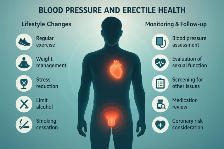Infographic on amlodipine and erectile dysfunction risk management. Male silhouette with glowing heart and pelvic area. Left side shows lifestyle changes: regular exercise, weight management, stress reduction, limiting alcohol, smoking cessation. Right side shows monitoring and follow-up: blood pressure assessment, evaluation of sexual function, screening for other issues, medication review, and coronary risk consideration.