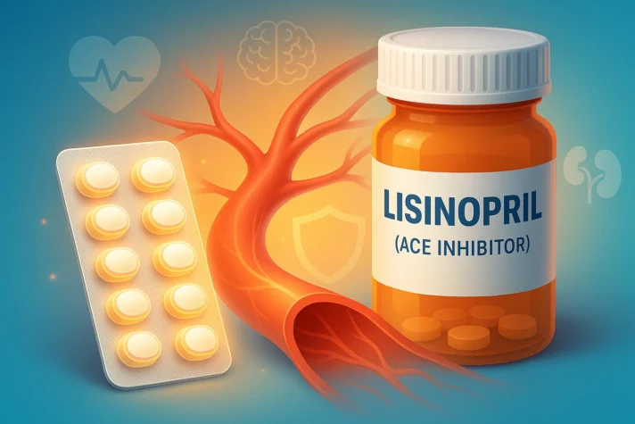 Lisinopril (ACE inhibitor) medication bottle and pill strip with blood vessel illustration, highlighting how it relaxes arteries to lower blood pressure and reduce health risks. Keywords: lisinopril erectile dysfunction, does lisinopril cause impotence, lisinopril sexual side effects.