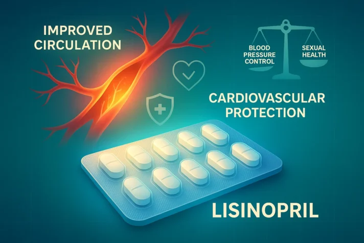 “Lisinopril tablets with glowing artery illustration showing improved circulation, cardiovascular protection, and balanced blood pressure control with sexual health. Keywords: lisinopril erectile dysfunction, does lisinopril cause impotence, lisinopril sexual side effects.”