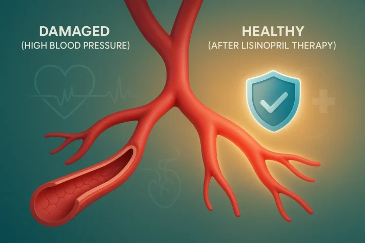 “Comparison of blood vessels: damaged artery from high blood pressure versus healthy artery after lisinopril therapy, showing improved circulation and protection. Keywords: lisinopril erectile dysfunction, does lisinopril cause impotence, lisinopril sexual side effects.
