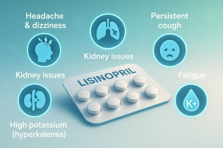 Lisinopril tablets with infographic icons showing common side effects including headache, dizziness, persistent cough, kidney issues, fatigue, and high potassium (hyperkalemia). Keywords: lisinopril erectile dysfunction, lisinopril sexual side effects, does lisinopril cause impotence.