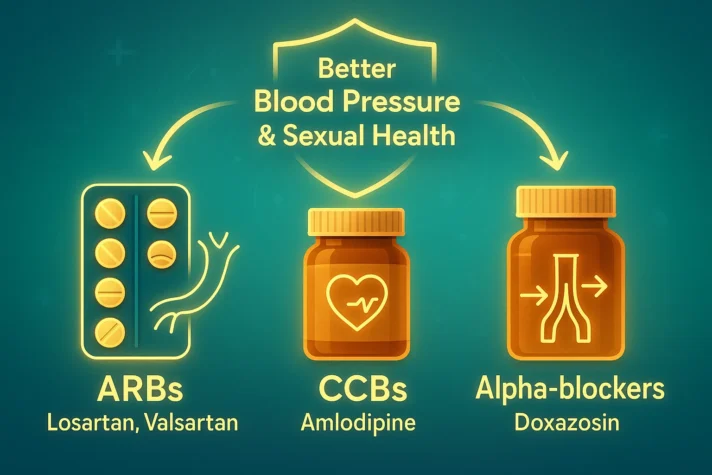Infographic showing alternatives to lisinopril for blood pressure control: ARBs (Losartan, Valsartan), CCBs (Amlodipine), and Alpha-blockers (Doxazosin) with benefits for sexual health. Keywords: lisinopril erectile dysfunction, does lisinopril cause impotence, lisinopril sexual side effects.
