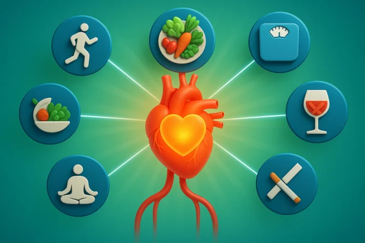 Infographic showing lifestyle changes for better blood pressure and sexual health: exercise, healthy diet, weight management, limiting alcohol, quitting smoking, stress management, and meditation around a glowing heart. Keywords: lisinopril erectile dysfunction, does lisinopril cause impotence, lisinopril sexual side effects.