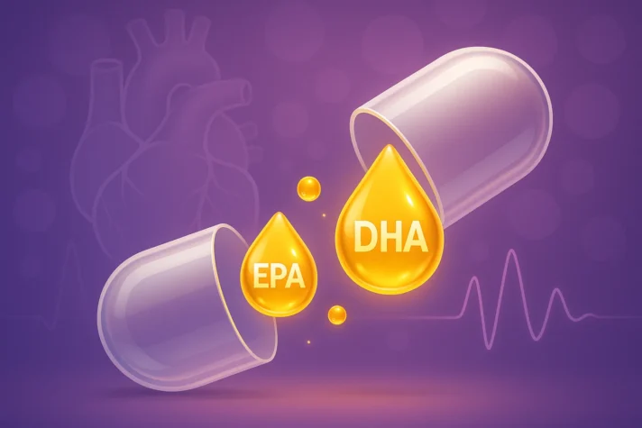 Omega-3 fatty acids illustration showing EPA and DHA capsules with glowing oil droplets, purple background, and heart health symbol in semi-realistic 3D style." 