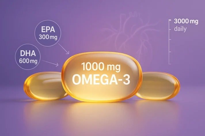 Omega-3 supplement capsule labeled 1000 mg with EPA 300 mg and DHA 600 mg dosage breakdown, purple background, heart health illustration.