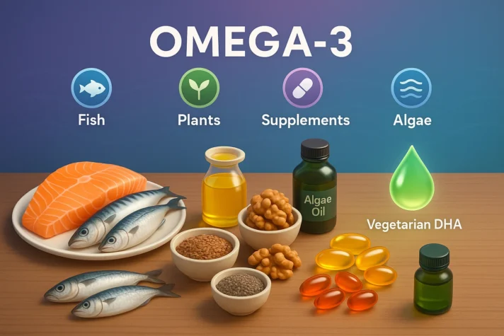 Sources of omega-3 fatty acids including fish, salmon, flaxseeds, chia seeds, walnuts, supplements, and algae oil with vegetarian DHA icons.