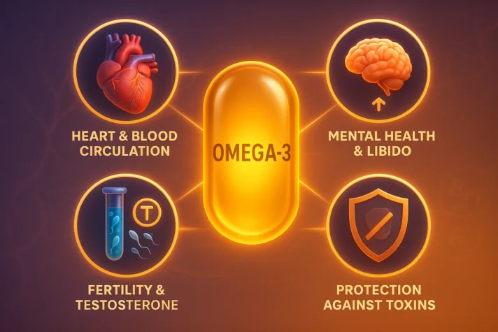 Omega-3 supplement benefits illustrated with icons showing heart and blood circulation, mental health and libido, fertility and testosterone, and protection against toxins.