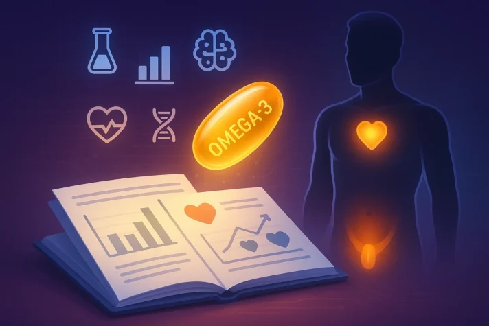 Clinical research on omega-3 benefits for erectile dysfunction shown with glowing supplement capsule, open book with charts, male silhouette highlighting heart and pelvic area, and icons for science, data, DNA, and health.