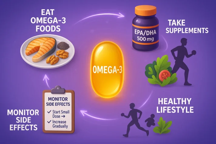Clinical research on omega-3 benefits for erectile dysfunction shown with glowing supplement capsule, open book with charts, male silhouette highlighting heart and pelvic area, and icons for science, data, DNA, and health.